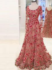 A Line Scoop Long Sleeves Champagne Floral Lace Formal Prom Dress