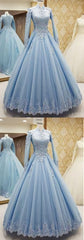 Blue Tulle High Neck Customize Formal Evening Dress, With Long Sleeves