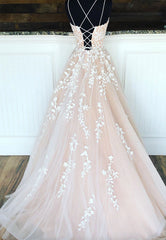 A-Line Long Lace Prom Dress, Cute Lace-Up Evening Dress