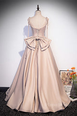 Champagne Beaded Bow Tie Straps Long Formal Dress with Bow Back