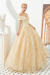 Champagne Gold Off-the ombro Tulle Ball vestido lantejous Princess baile vestidos para meninas