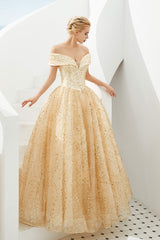 Champagne Gold Off-the ombro Tulle Ball vestido lantejous Princess baile vestidos para meninas