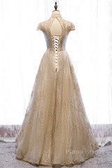 Champagne High Neck Cap Sleeves Sparkly Cut-Out Maxi Formal Dress