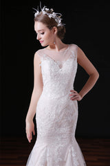 Champagne Lace Tulle Mermaid Long Wedding Dresses