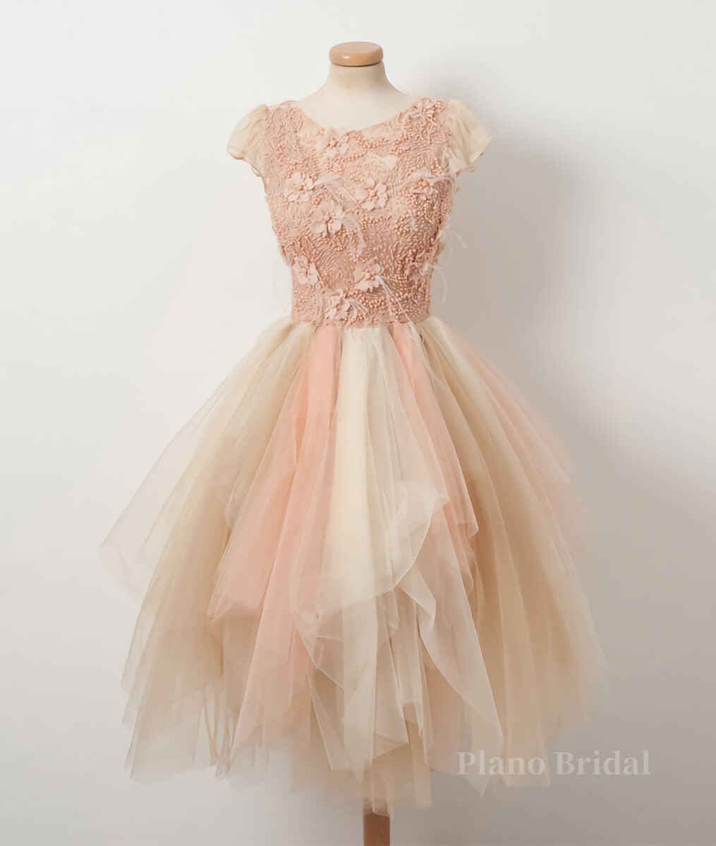 Champagne round neck tulle beads short prom dress, homecoming dress