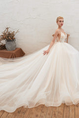 Champagne Spaghetti Straps V-neck Floor Length A-line Lace Tulle Wedding Dresses