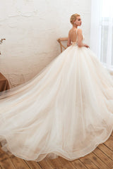 Champagne Spaghetti Straps V-neck Floor Length A-line Lace Tulle Wedding Dresses