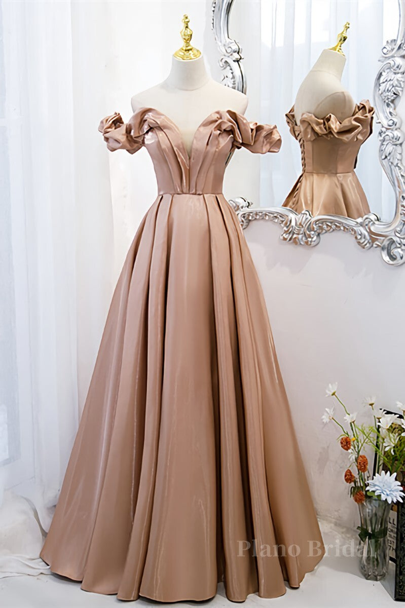 Champagne V Neck Ruffle Off-the-Shoulder Pleated Leather Long Formal Dress