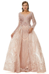 Champange Sparkle Beaded Long Sleeves Prom Dresses