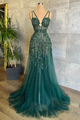 Charming Dark Green Tulle Long Evening Dress Sweetheart Sleeveless Formal Prom Dress