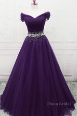 Charming Sequins Off Shoulder Dark Purple Long Prom Dress, Off the Shoulder Dark Purple Formal Evening Dress