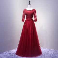 Charming Wine Red Short Sleeves Lace Applique Wedding Party Dress, Formal Gown