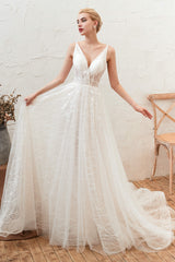Chic Deep V-Neck White Tulle Princess Open Back Wedding Dresses with Court Train