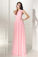 Chiffon Pink One Shoulder Long Bridesmaid Dresses