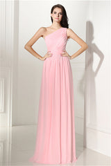 Chiffon Pink One Shoulder Long Bridesmaid Dresses