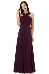 Chiffon Purple Halter Long Bridesmaid Dresses