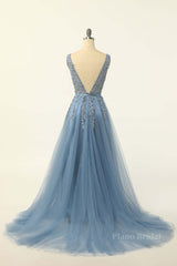Classic Blue A-line Tulle and Appliques Long Formal Dress