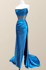 Ruched Cowl Neck Blue Satin Mermaid Formal Dress