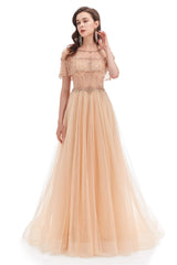 Crystal O-Neck Sleeveless A Line Tulle Prom Dresses
