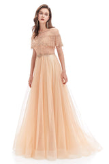 Crystal O-Neck Sleeveless A Line Tulle Prom Dresses