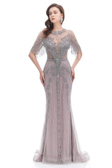 Crystal Tassel Mermaid O Neck Short Sleeves Prom Dresses