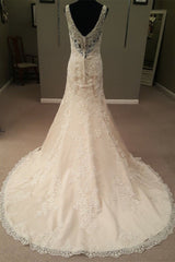 Mermaid Long Champagne Bridal Dress with Lace