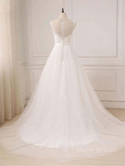 Custom Made A Line Round Neck Lace Tulle White Long Prom Dresses, White Lace Formal Dresses, White Evening Dresses