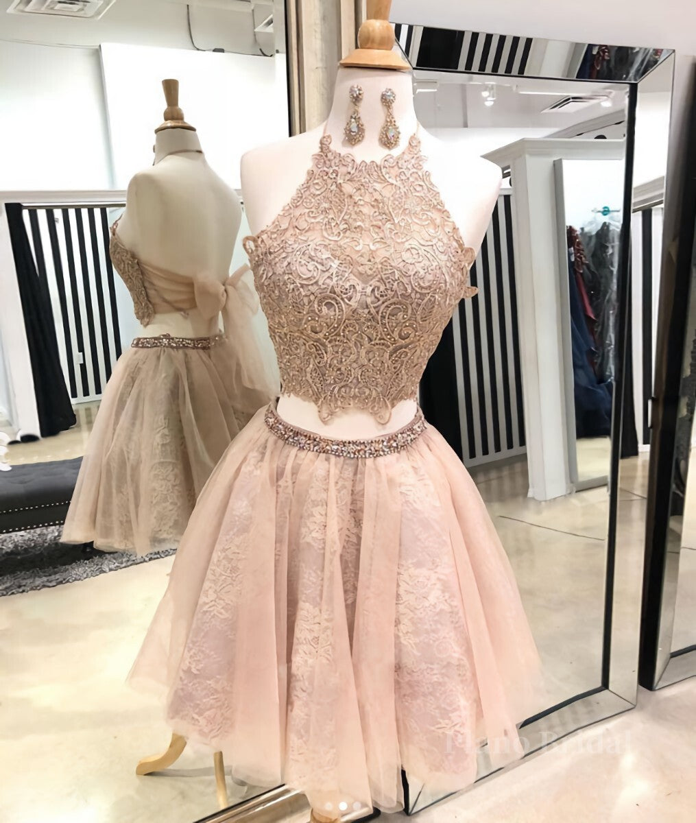 Cute champagne tulle lace short prom dress, homecoming dress