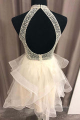 Cute Open Back Champagne Beaded Short Prom Dress, Fluffy Champagne Beaded Homecoming Dress