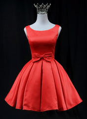 Cute Red Satin Short Party Dress Prom Dress, Red Round Neckline Homecoming Dress