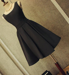 Cute Short Black Satin Knee Length Homecoming Dress, Black Party Dress