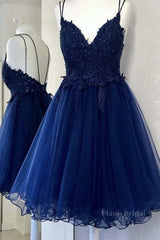 Cute V Neck Backless Blue Lace Short Prom Dresses, Blue Lace Homecoming Dresses, Blue Formal Evening Dresses