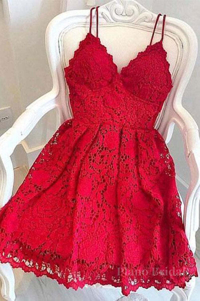 Cute V Neck Short Red Lace Prom Dress with Straps, Short Red Lace Formal Graduation Homecoming Dress, Red Cocktail Dress