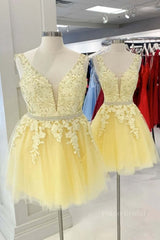 Cute V Neck Yellow Lace Short Prom Dress with Belt, Yellow Lace Homecoming Dress, Short Yellow Formal Evening Dress