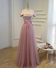 Pink A Line Off Shoulder Floor Length Prom Dress, Lace Evening Dress