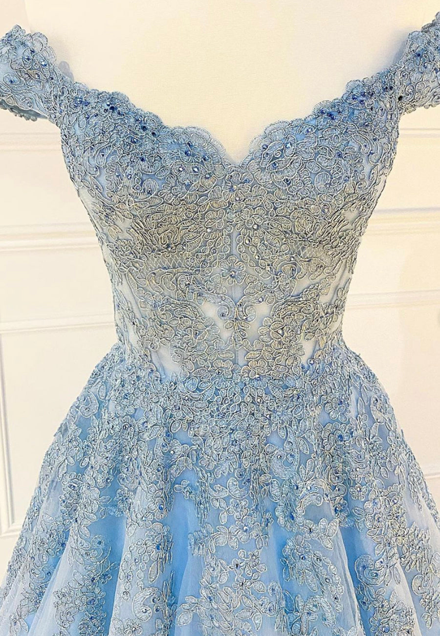 Blue Lace Off the Shoulder Prom Dresses, A-Line Evening Dresses