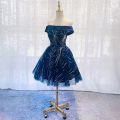 Dark Blue Tulle Off Shoulder Knee Length Party Dress, Blue Homecoming Dresses