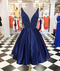 Dark blue v neck beads satin short prom dress, blue homecoming dress