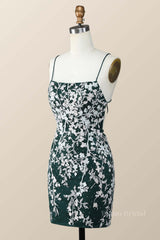 Dark Green and White Floral Tight Mini Dress