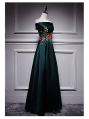 Dark Green Satin Off Shoulder Floor Length Satin Party Dress, Green Prom Dress Formal Dress