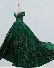 Dark Green Sequins Off Shoulder Ball Gown Sweet 16 Dress, Dark Green Prom Dress