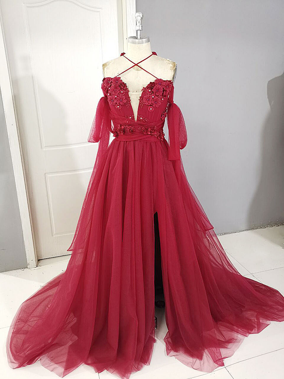 Dark Red Tulle Lace Long Prom Dress, Red Tulle Lace Evening Dress