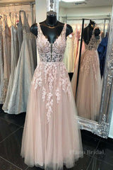 Deep V Neck Backless Pink Lace Long Prom Dress, Long Pink Lace Formal Graduation Evening Dress