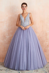 Deep V Neck Beaded Tulle Lavender Prom Dresses