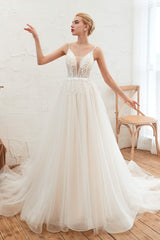 Deep V See Through Neck Bridal Dresses Spaghetti Straps Fairy Tulle Wedding Gowns