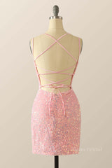 Double Straps Pink Sequin Bodycon Mini Dress