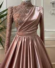 Rose Gold Silver Prom Dress, Long Sleeves Dubai Evening Dresses, Muslim Women Wedding Party Gowns 2024 Elegant Silver Grey Arabic Engagement