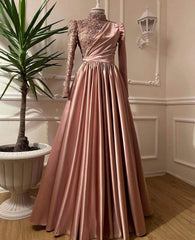 Rose Gold Silver Prom Dress, Long Sleeves Dubai Evening Dresses, Muslim Women Wedding Party Gowns 2024 Elegant Silver Grey Arabic Engagement