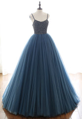 Blue Tulle Long Prom Dresses, A-Line Evening Dresses with Beading