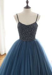 Blue Tulle Long Prom Dresses, A-Line Evening Dresses with Beading